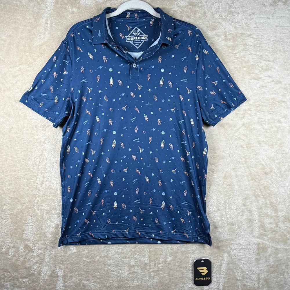 Burlebo Mens Space Astronaut Performance Polo Shirt Navy‎ Blue Medium NWT